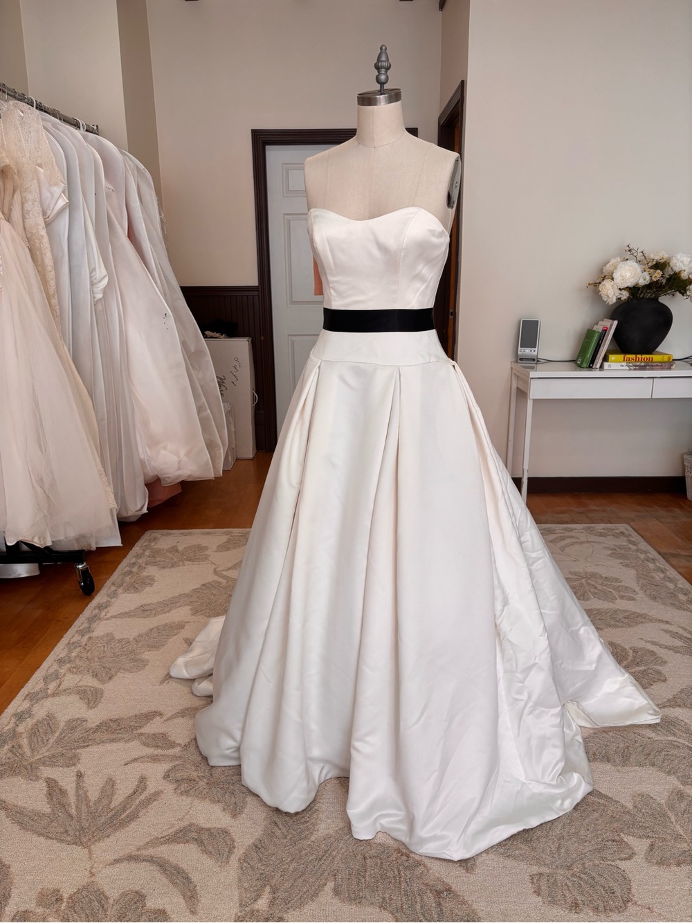 Mikaella Bridal Strapless White Ball Gown with Black Sash